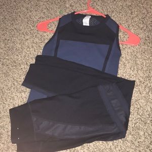 Dark denim blues/stripe athletic top and leggings.